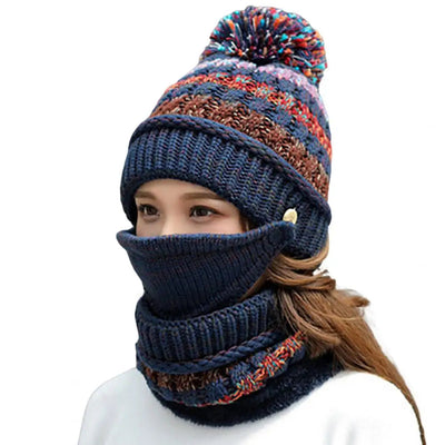Women’s Knitted Hat and Scarf Set – Velvet Lined with Face Guard