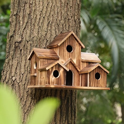 Rustic Wooden Handmade Birdhouse with 6 Entrances