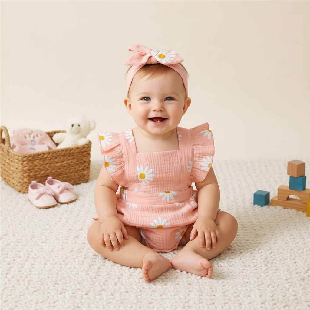 Baby Girl Ruffle Sleeveless Romper & Headband Summer Set