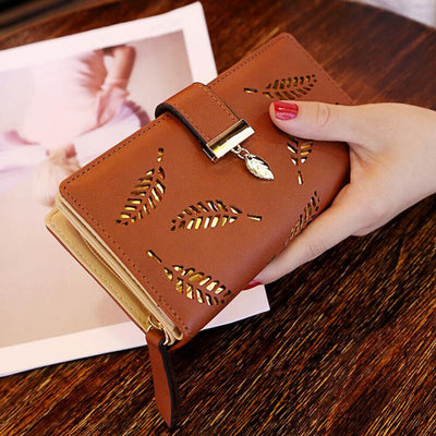 GoldenLeaf PU Leather Wallet with Leaf Charm Design