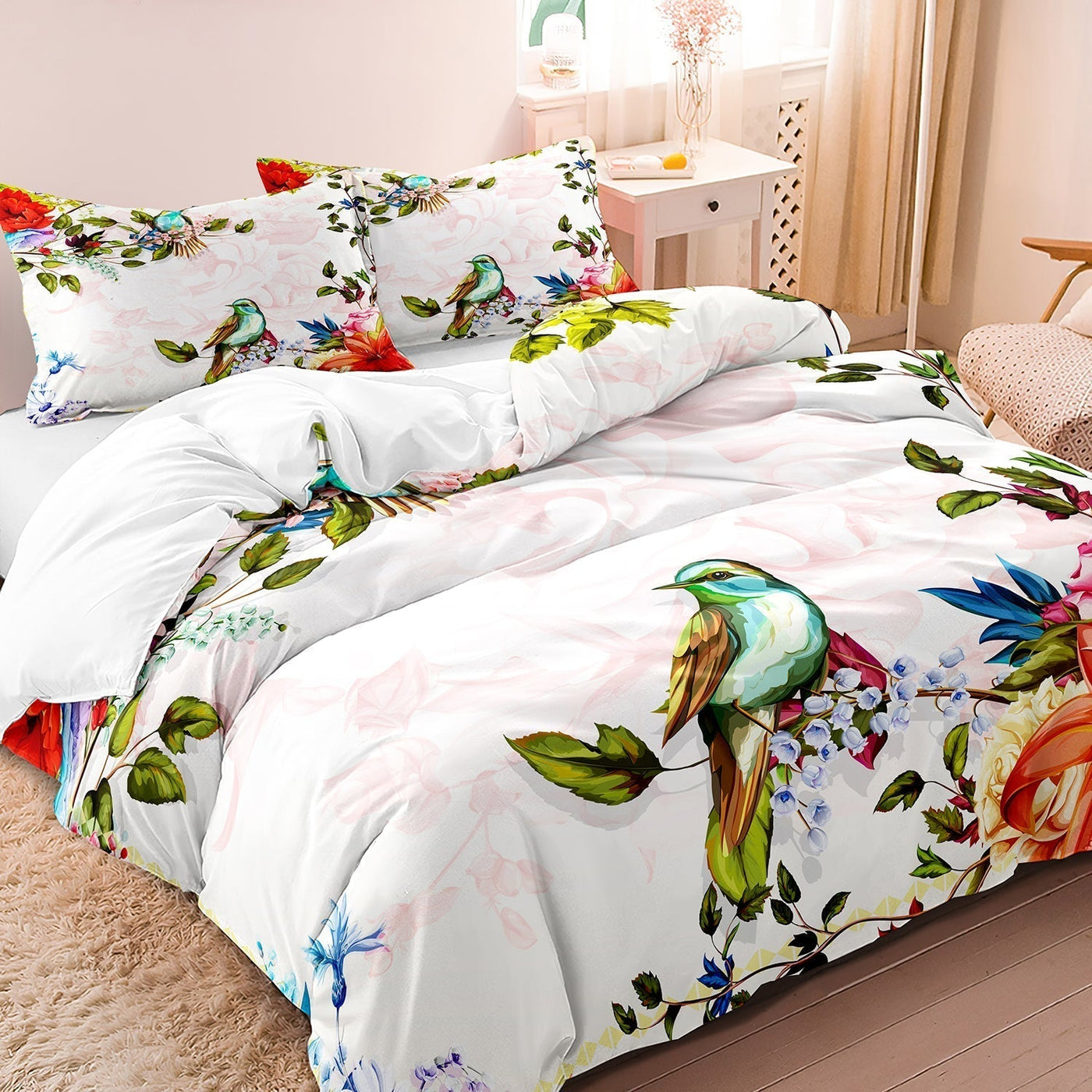 Luxury Cotton Floral and Bird Duvet Cover Set
