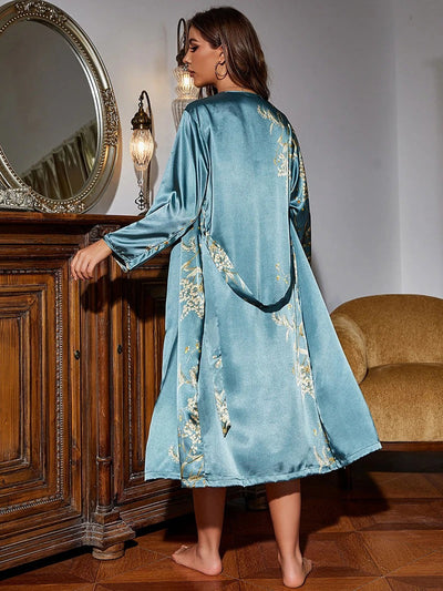 Shairee Women’s Satin Nightdress with Matching Floral Print Robe