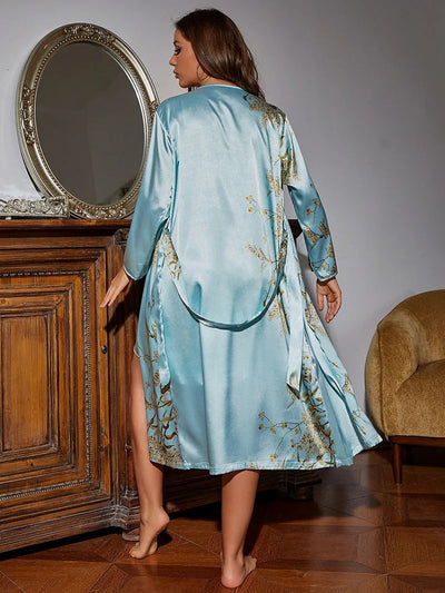 Shairee Women’s Satin Nightdress with Matching Floral Print Robe