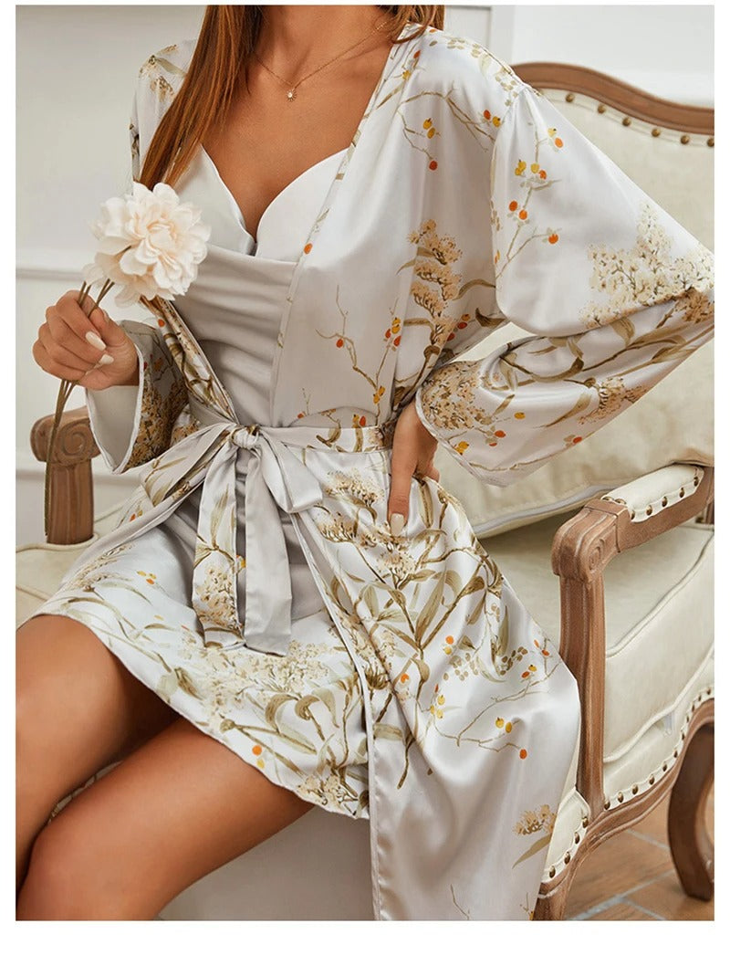 Shairee Women’s Satin Nightdress with Matching Floral Print Robe