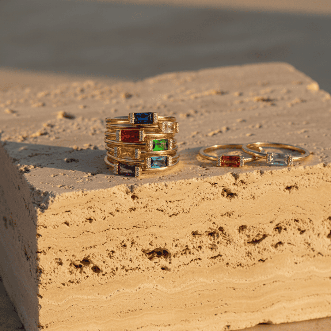 Gold Plated Baguette Birthstone Ring for Women