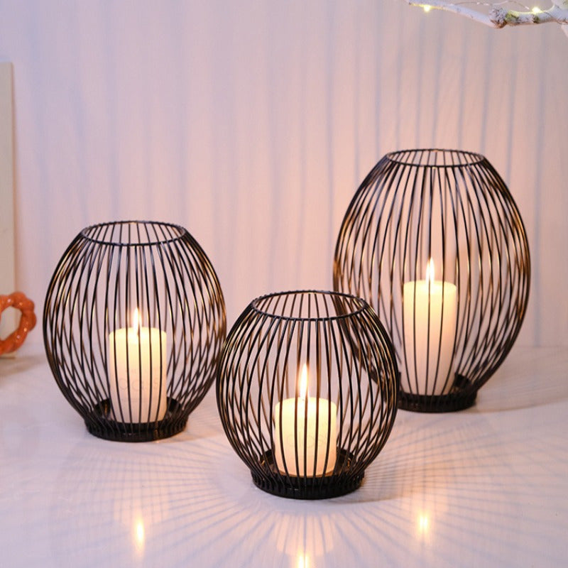 Set of 3 Vintage Black Metal Lantern Candelabras