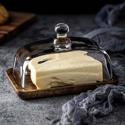 Wooden Butter Dish with Glass Lid – Elegant Tableware