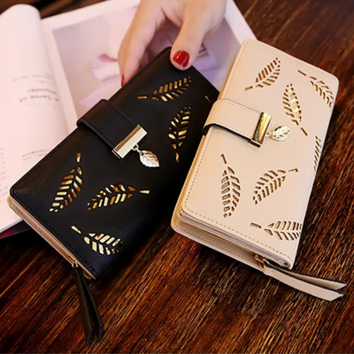 GoldenLeaf PU Leather Wallet with Leaf Charm Design