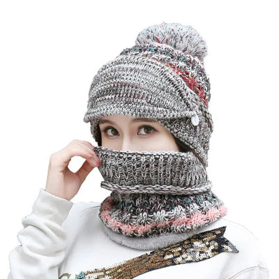 Women’s Knitted Hat and Scarf Set – Velvet Lined with Face Guard