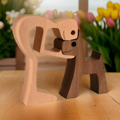 Handcrafted Wood Dog and Human Figurine