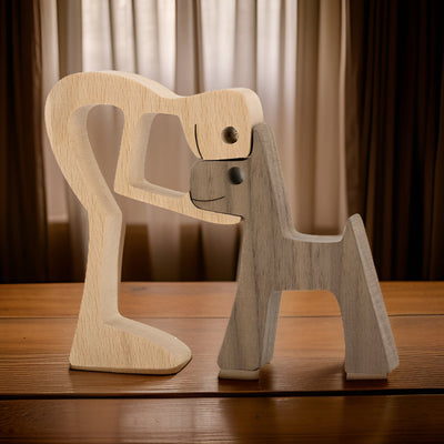 Handcrafted Wood Dog and Human Figurine