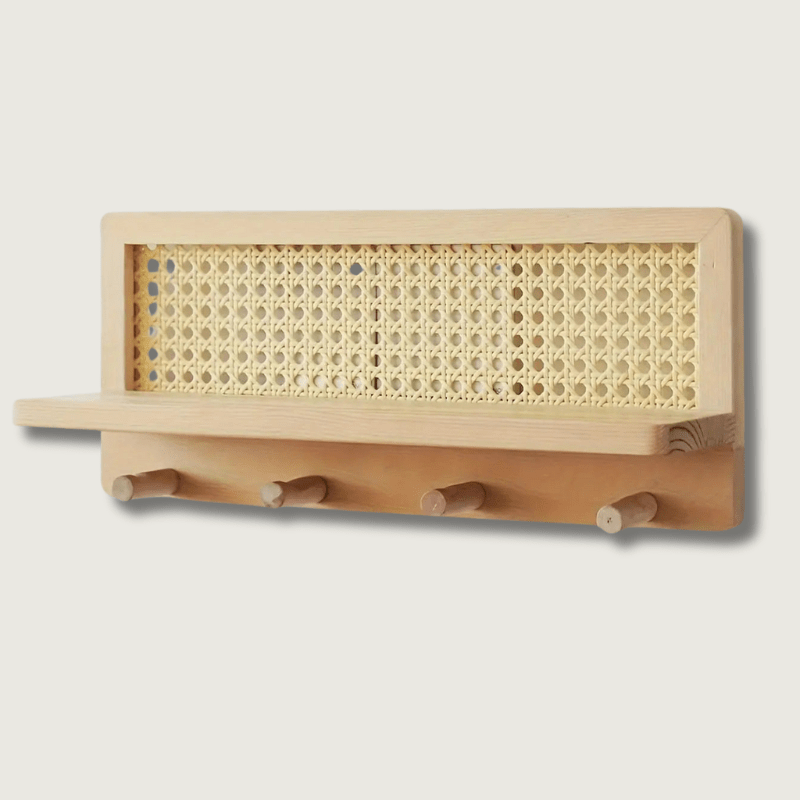 Rustic Wooden Wall Shelf with 4 Hooks