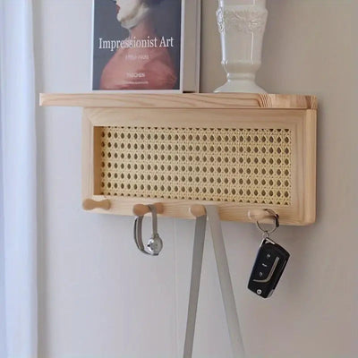 Rustic Wooden Wall Shelf with 4 Hooks