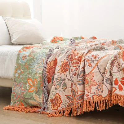 Boho Floral Cotton Throw Blanket with Fringe – Cream & Orange
