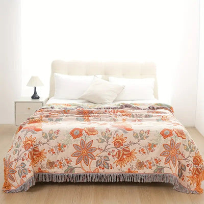 Boho Floral Cotton Throw Blanket with Fringe – Cream & Orange