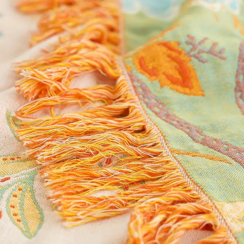 Boho Floral Cotton Throw Blanket with Fringe – Cream & Orange