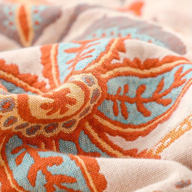 Boho Floral Cotton Throw Blanket with Fringe – Cream & Orange