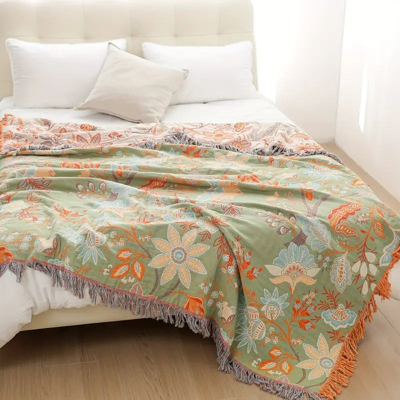 Boho Floral Cotton Throw Blanket with Fringe – Cream & Orange