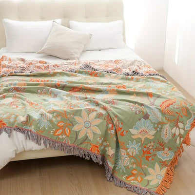 Boho Floral Cotton Throw Blanket with Fringe – Cream & Orange