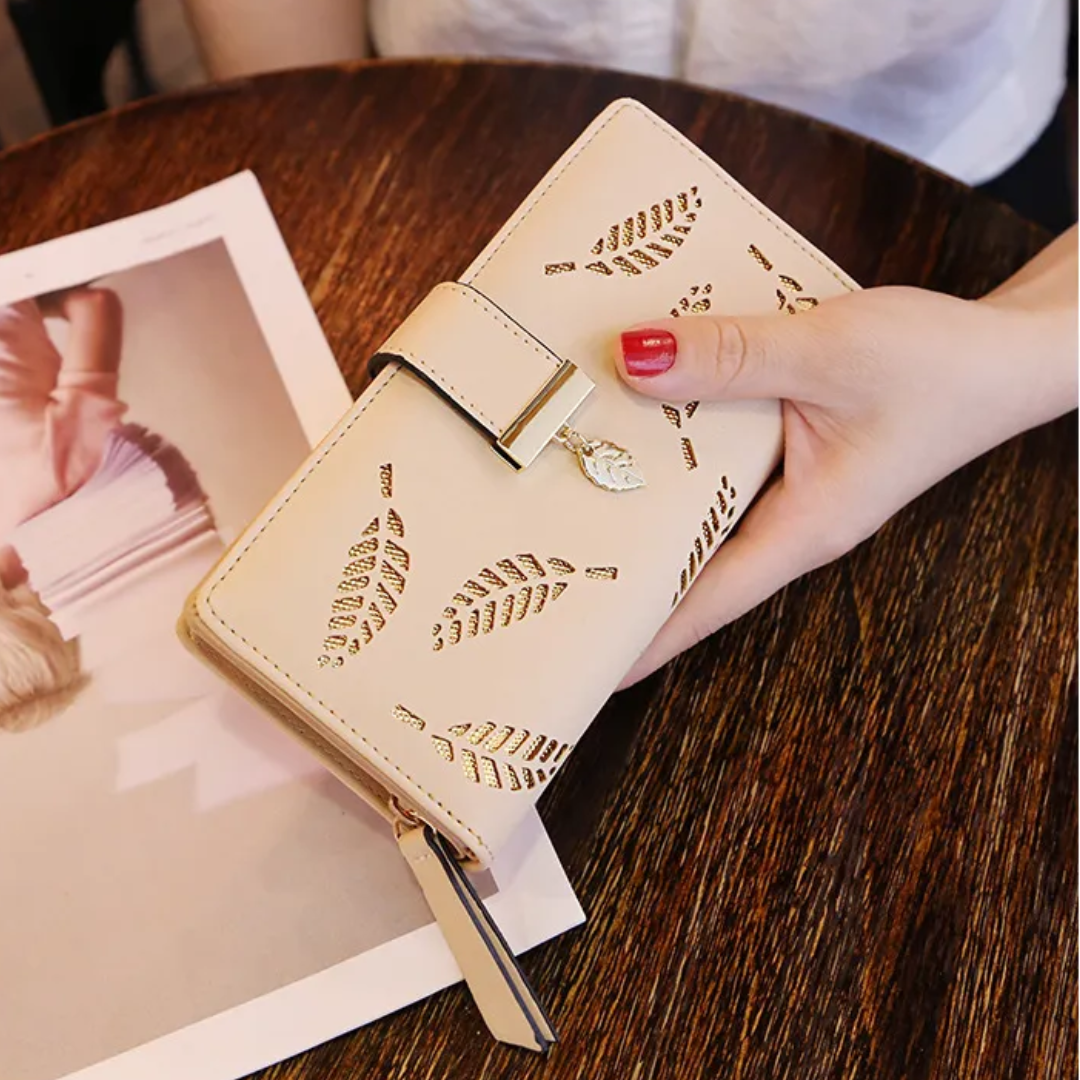GoldenLeaf PU Leather Wallet with Leaf Charm Design