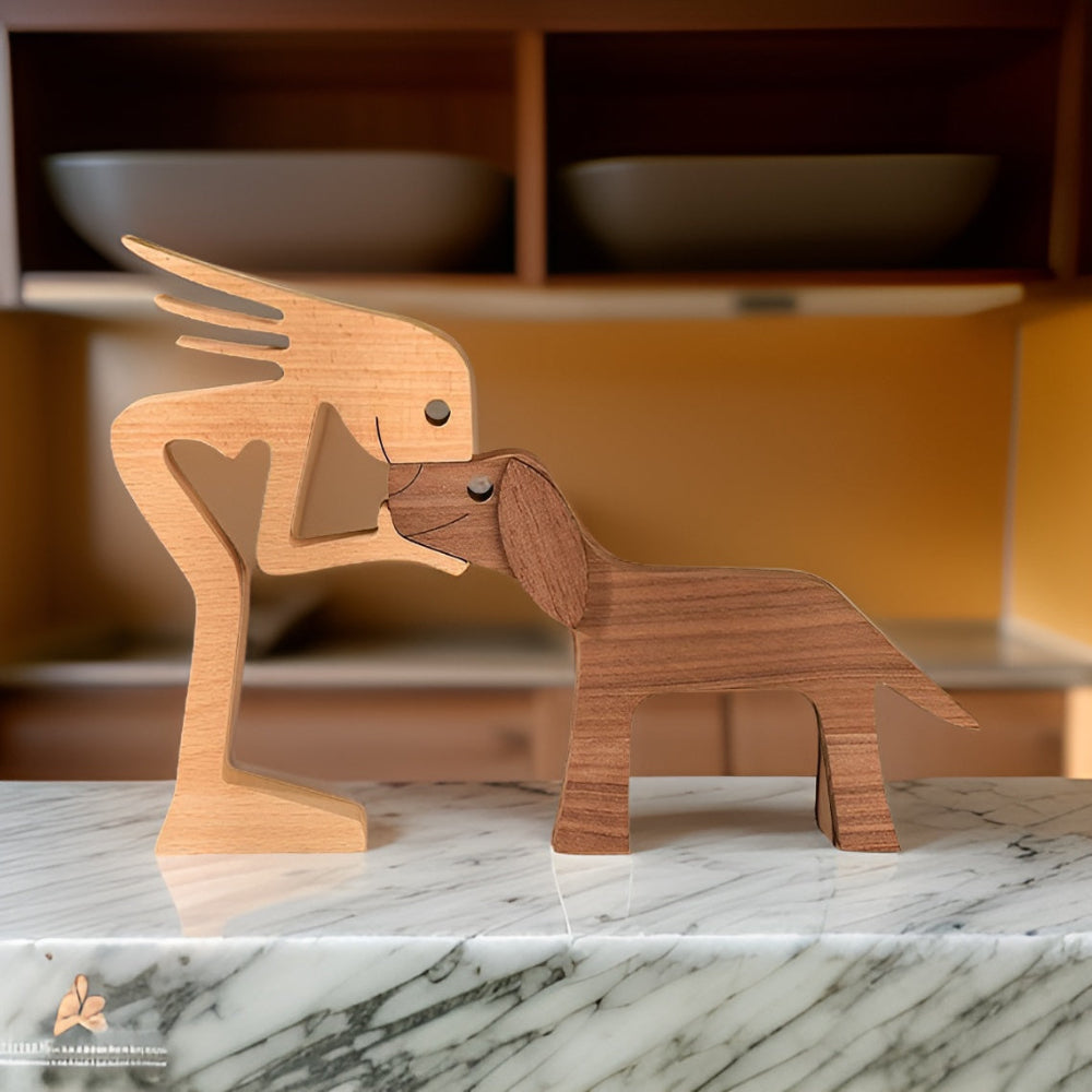 Handcrafted Wood Dog and Human Figurine