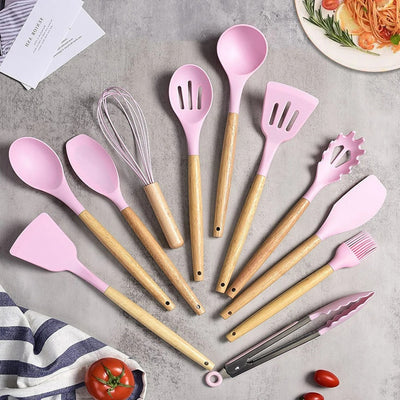 Non-Toxic BPA-Free Silicone Cooking Utensil Set with Wooden Handles Lattea