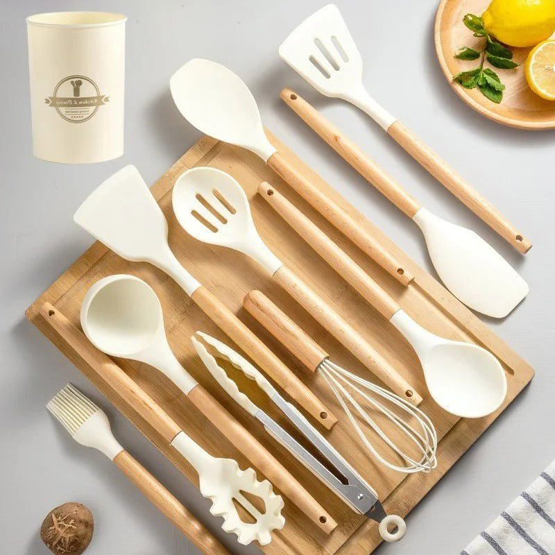 Non-Toxic BPA-Free Silicone Cooking Utensil Set with Wooden Handles Lattea