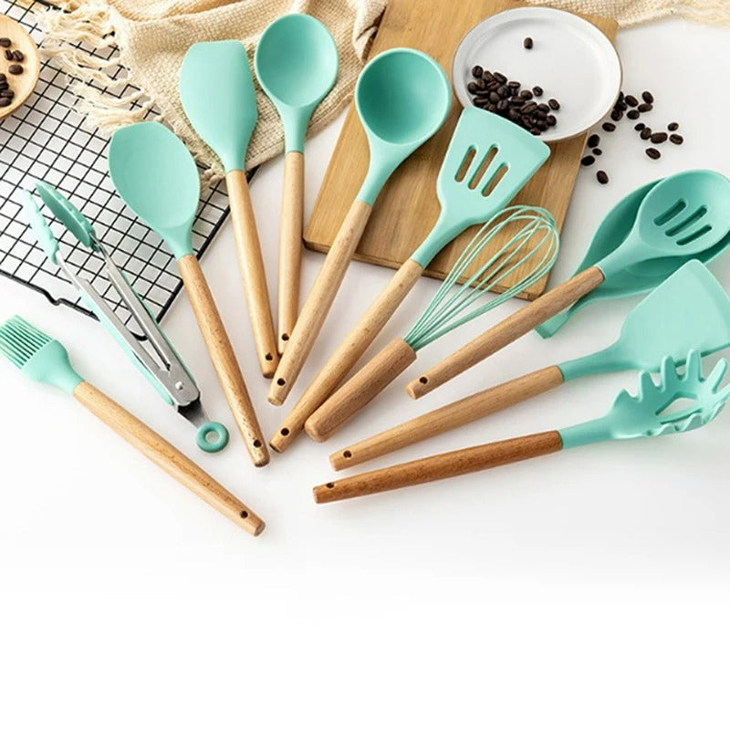 Non-Toxic BPA-Free Silicone Cooking Utensil Set with Wooden Handles Lattea