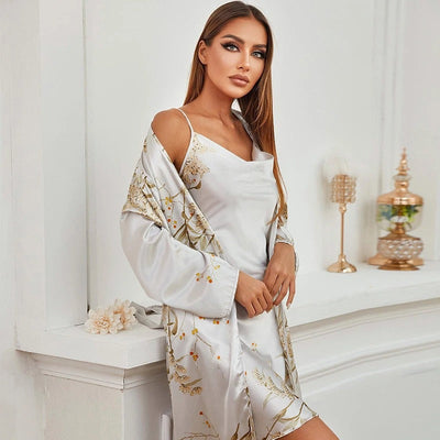 Shairee Women’s Satin Nightdress with Matching Floral Print Robe