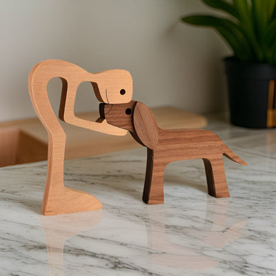 Handcrafted Wood Dog and Human Figurine