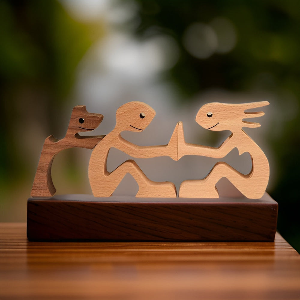 Handcrafted Wood Dog and Human Figurine