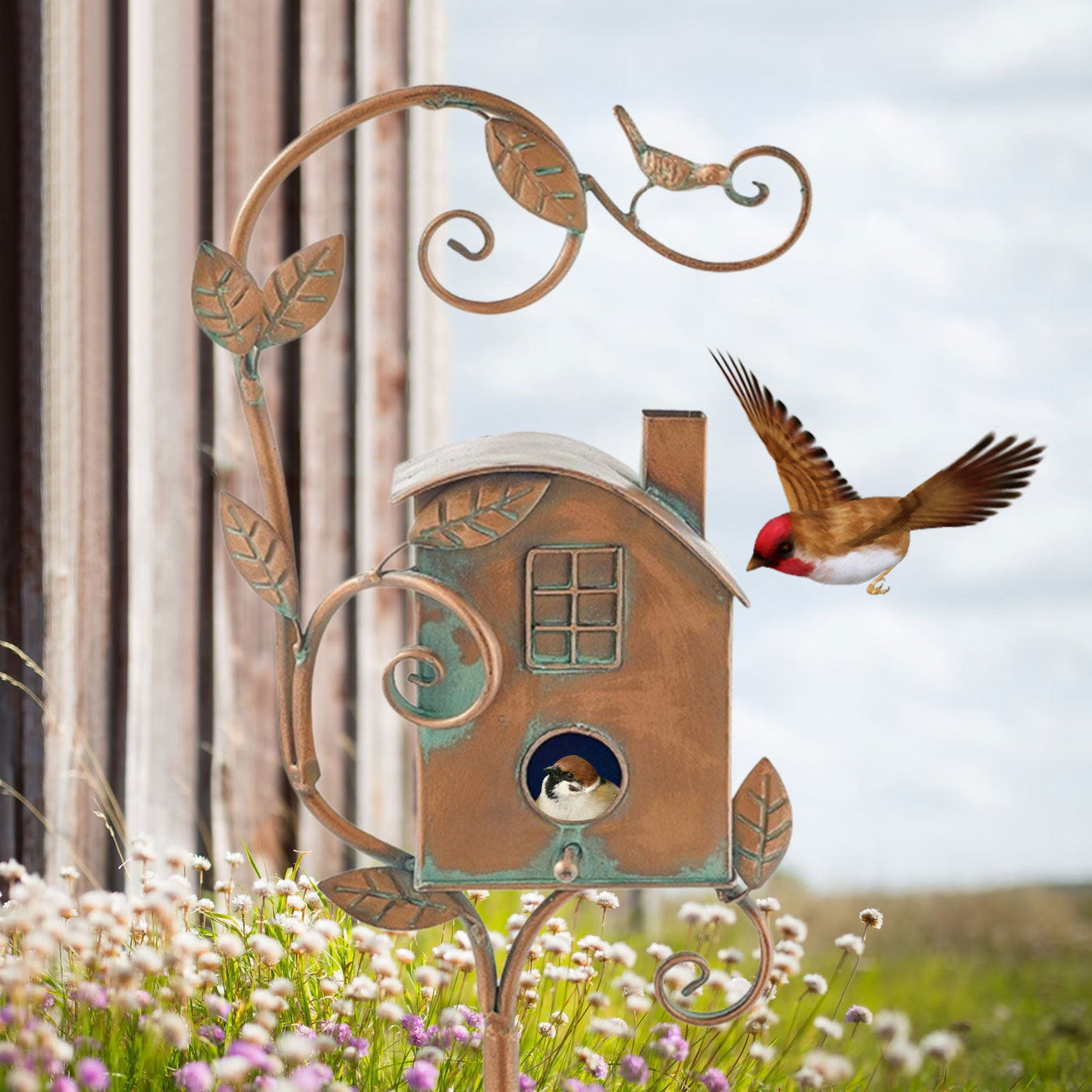 Metal Art Birdhouse on Garden Stake