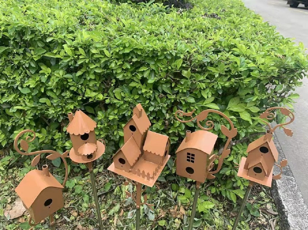 Metal Art Birdhouse on Garden Stake