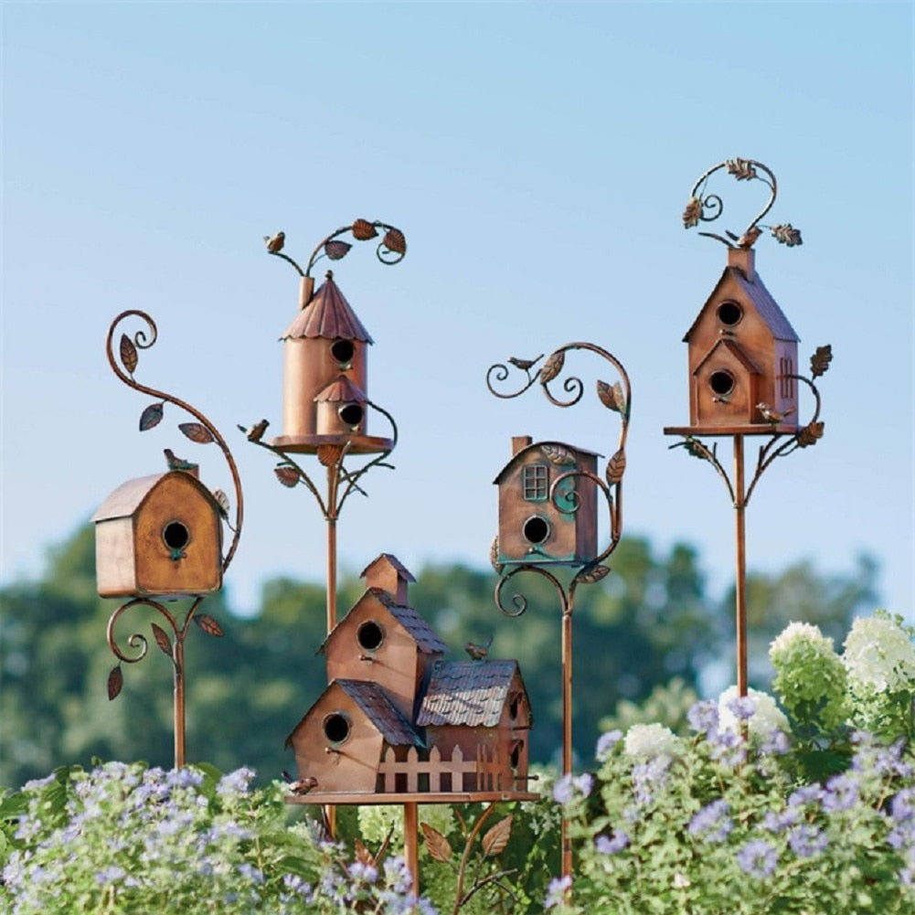 Metal Art Birdhouse on Garden Stake