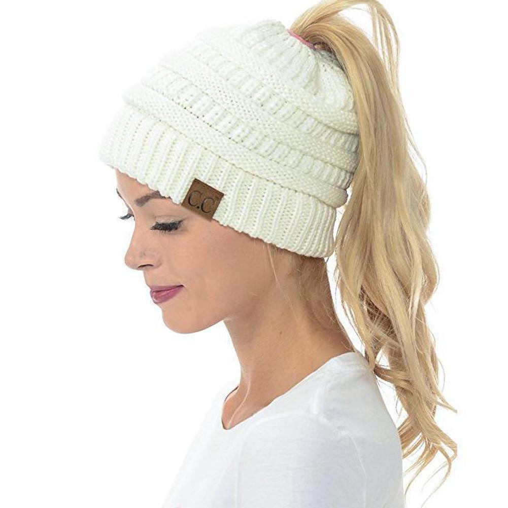 Women’s Soft Knit Ponytail Beanie – Casual Winter Hat