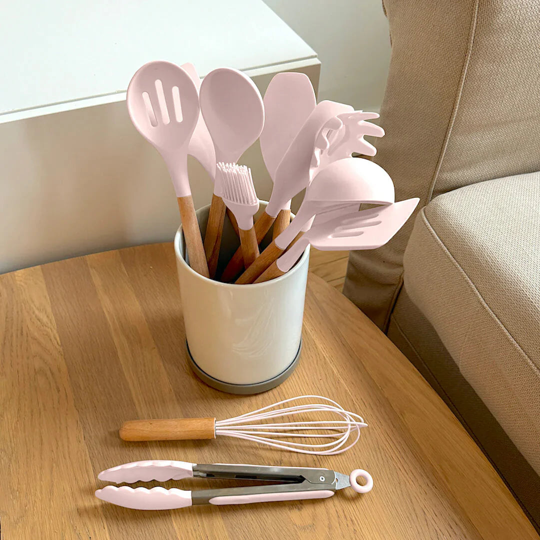 Non-Toxic BPA-Free Silicone Cooking Utensil Set with Wooden Handles Lattea