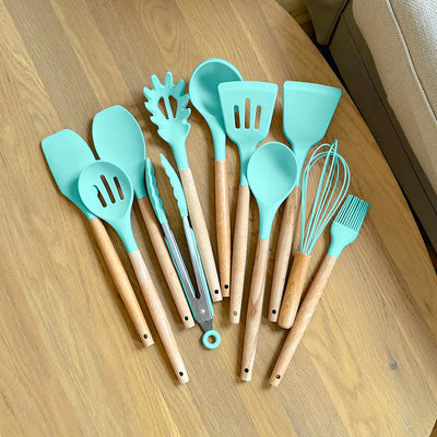 Non-Toxic BPA-Free Silicone Cooking Utensil Set with Wooden Handles Lattea