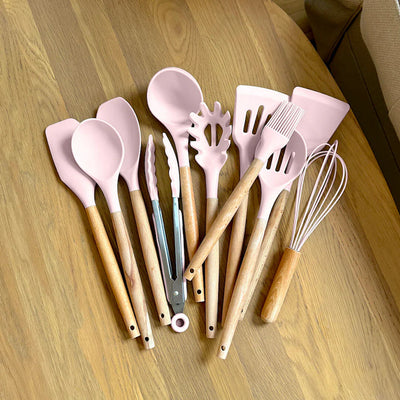 Non-Toxic BPA-Free Silicone Cooking Utensil Set with Wooden Handles Lattea