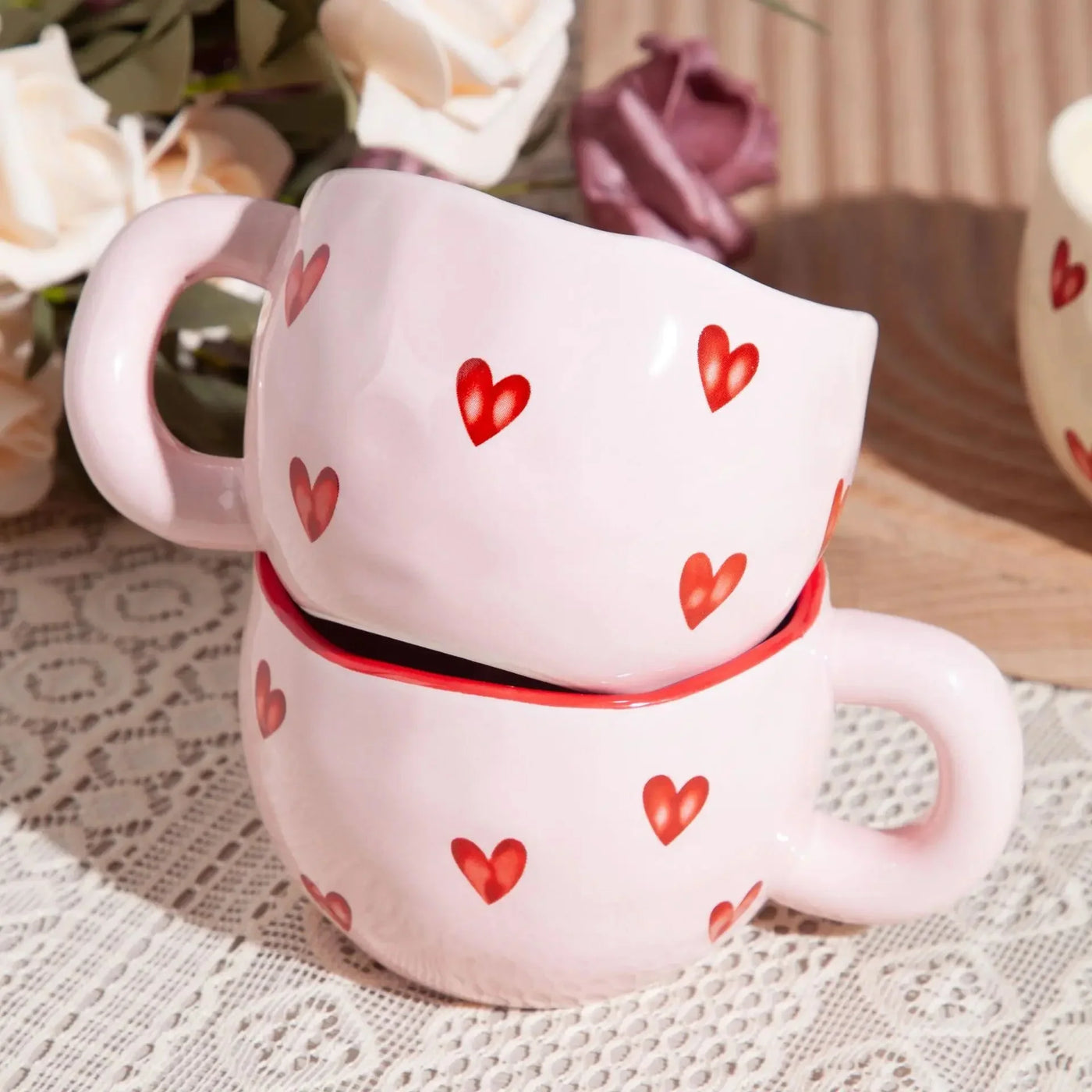 Ceramic Coffee Mug with Pink Heart Design – 220ml Cup