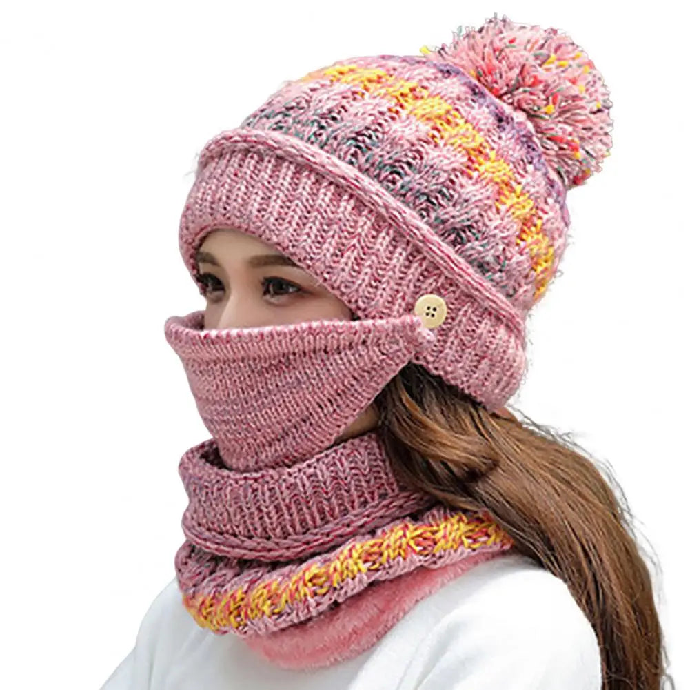 Women’s Knitted Hat and Scarf Set – Velvet Lined with Face Guard