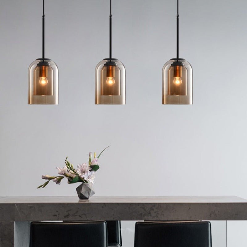 Mica Mid-Century Pendant Lamp – Double Glass Shade with Iron Fittings