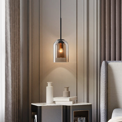 Mica Mid-Century Pendant Lamp – Double Glass Shade with Iron Fittings