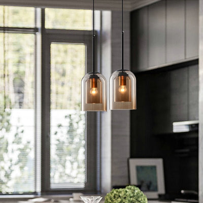 Mica Mid-Century Pendant Lamp – Double Glass Shade with Iron Fittings