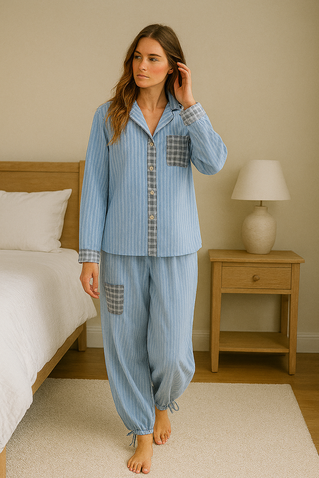 Women’s Two-Piece Pajama Set with Drawstring Trousers