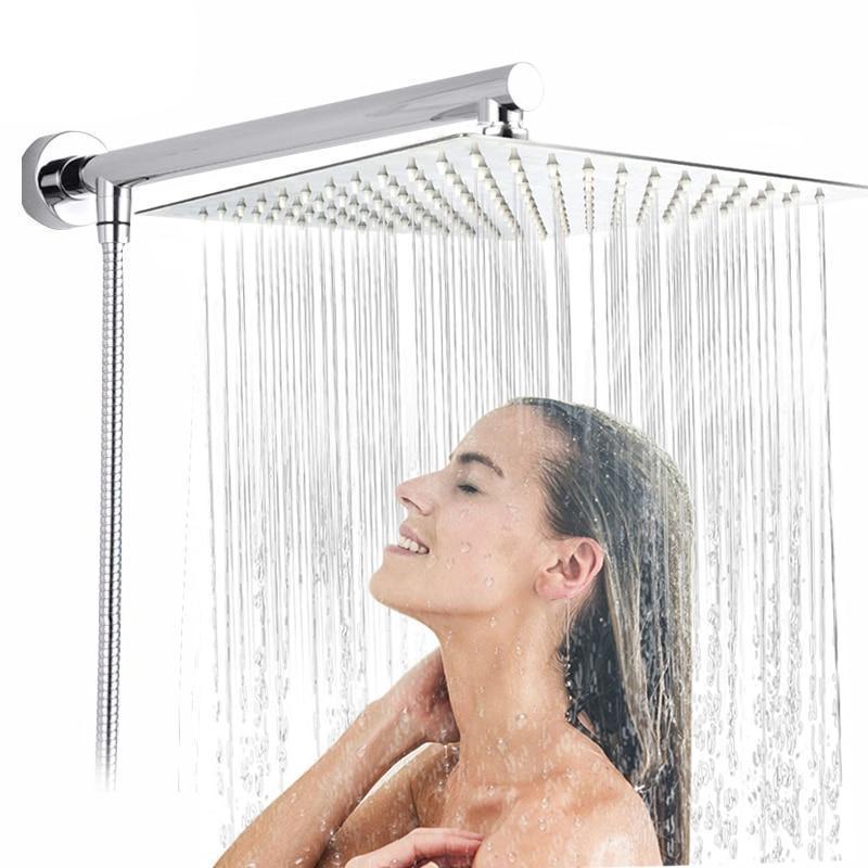 Wall-Mounted Rainfall Shower Head with Adjustable Arm and Hose