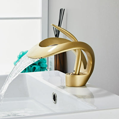 Brushed Gold Waterfall Bathroom Sink Faucet