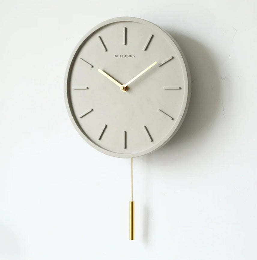 Scandinavian Cement Wall Clock with Metal Pendulum