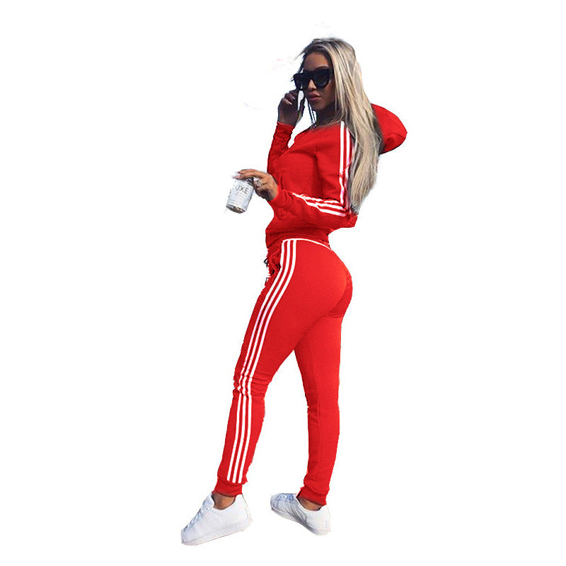 Women’s Striped Workout Set – Hoodie & Tights Activewear