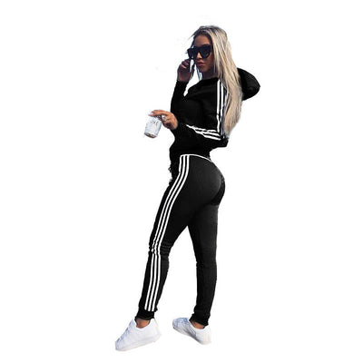Women’s Striped Workout Set – Hoodie & Tights Activewear