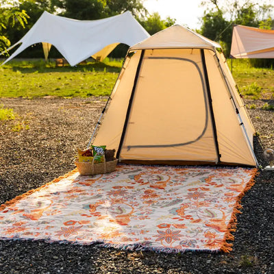 Boho Floral Cotton Throw Blanket with Fringe – Cream & Orange
